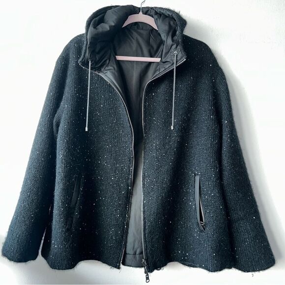 TONET Alpaca blend Black Hooded Zip-Up Reversible Jacket made In Italy - Picture 2 of 13